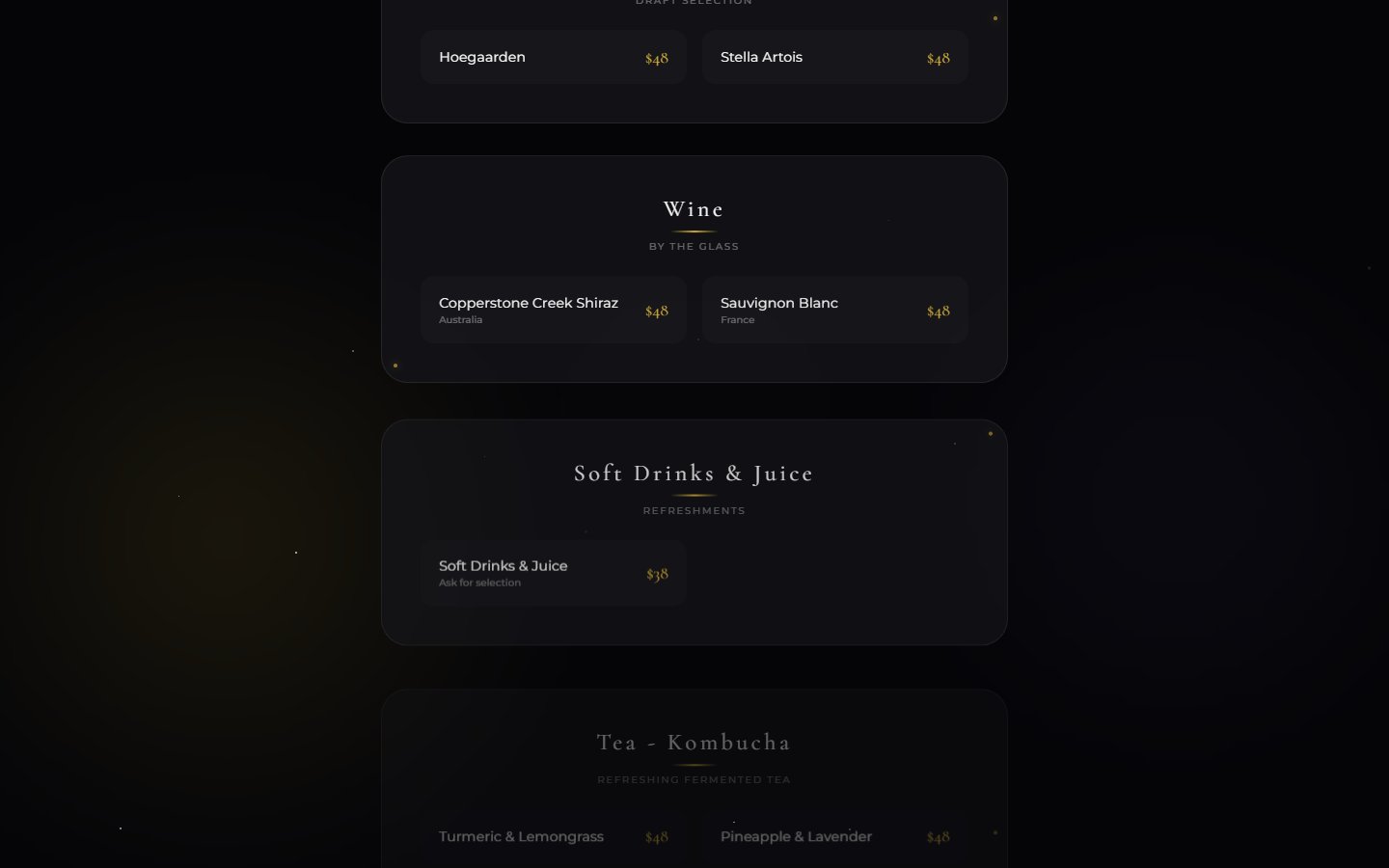 飲品列表 — 磨砂玻璃卡片 + 價格